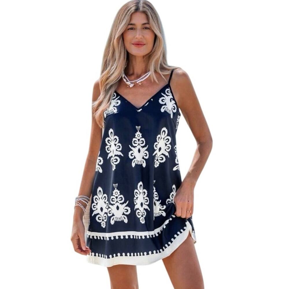 Emery Rose navy blue and white V-neck boho print cami mini dress. XL - Picture 6 of 7